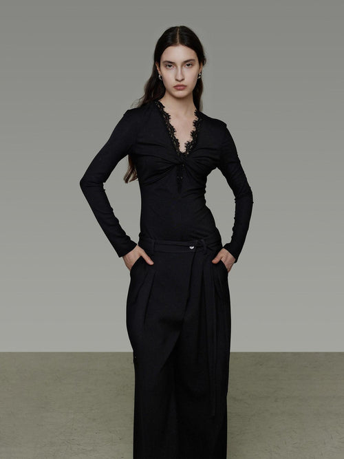 unspoken Breathable Lyocell Lace Slim Fit V-neck Long Sleeve Women Black Blouses