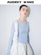audreyyang Lightweight Lyocell Wool Slim Fit Solid Women Crew Neck Long Sleeve T-Shirts