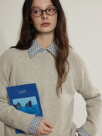 Lofi choose Wool Blend Loose Fit Rolled Hem Commuter Crew Neck Women Light Grey Sweaters