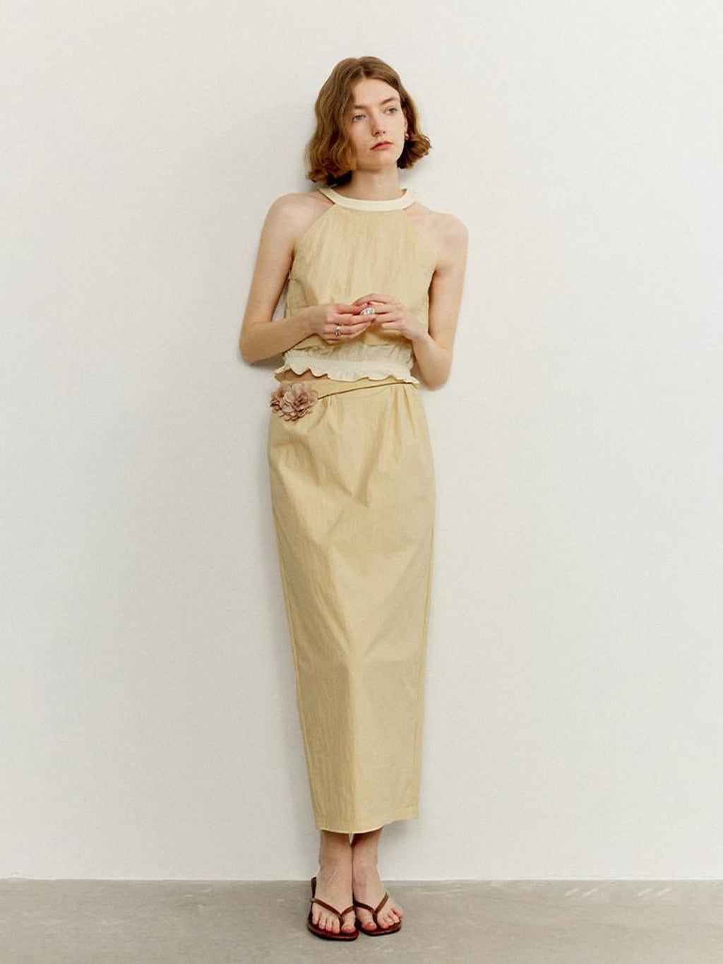 someone sometimes Ruffle Original Slim Fit Melon Halter Cotton Mix Top & Skirt Sets