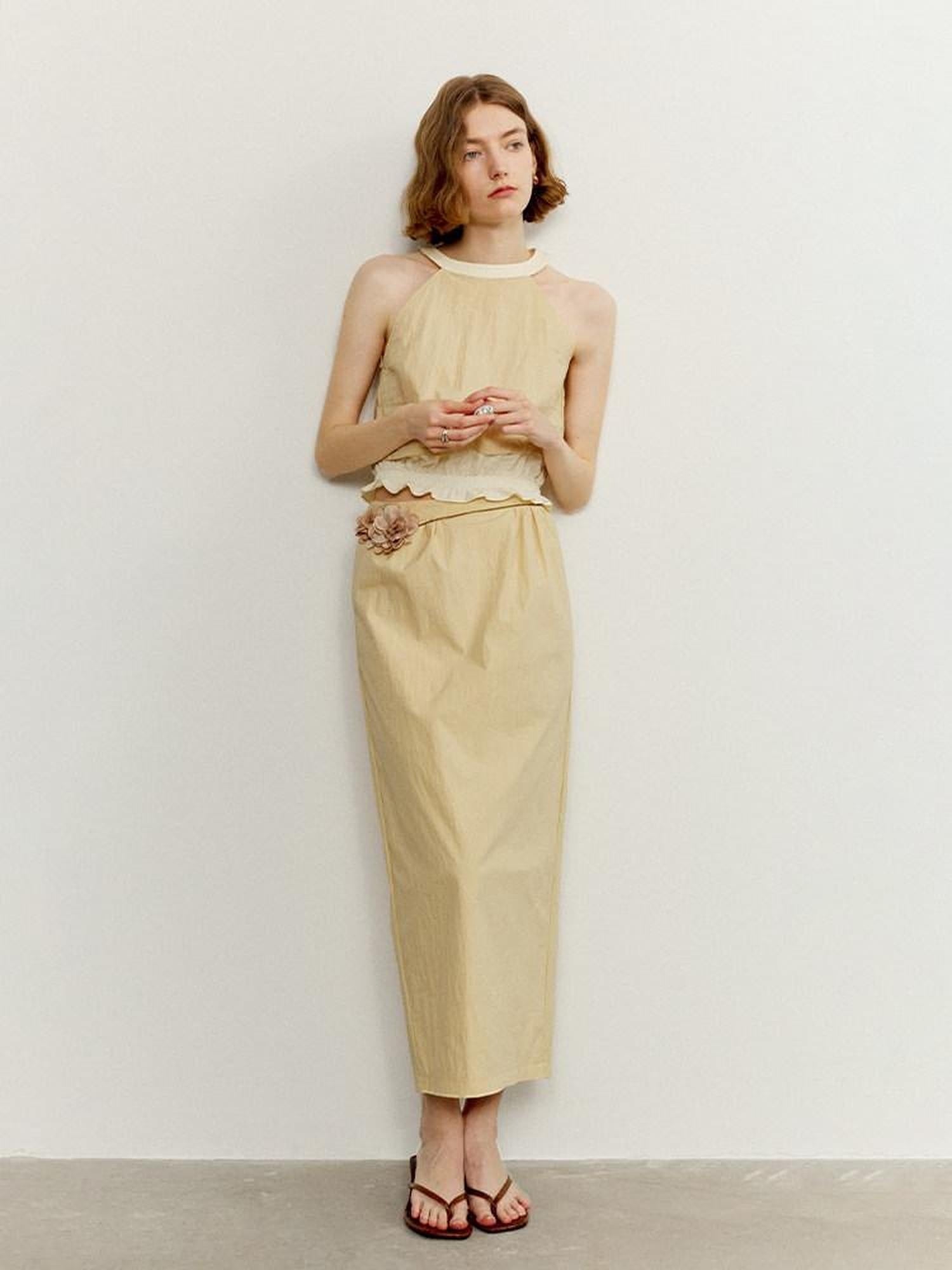 someone sometimes Ruffle Original Slim Fit Melon Halter Cotton Mix Top & Skirt Sets