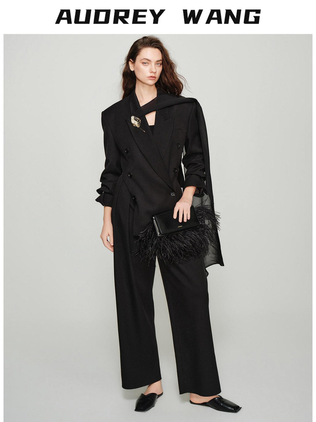 audreyyang Elegant Loose Fit Sash Double Breasted Notch Lapel Black Polyester Blazers