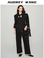 audreyyang Elegant Loose Fit Sash Double Breasted Notch Lapel Black Polyester Blazers