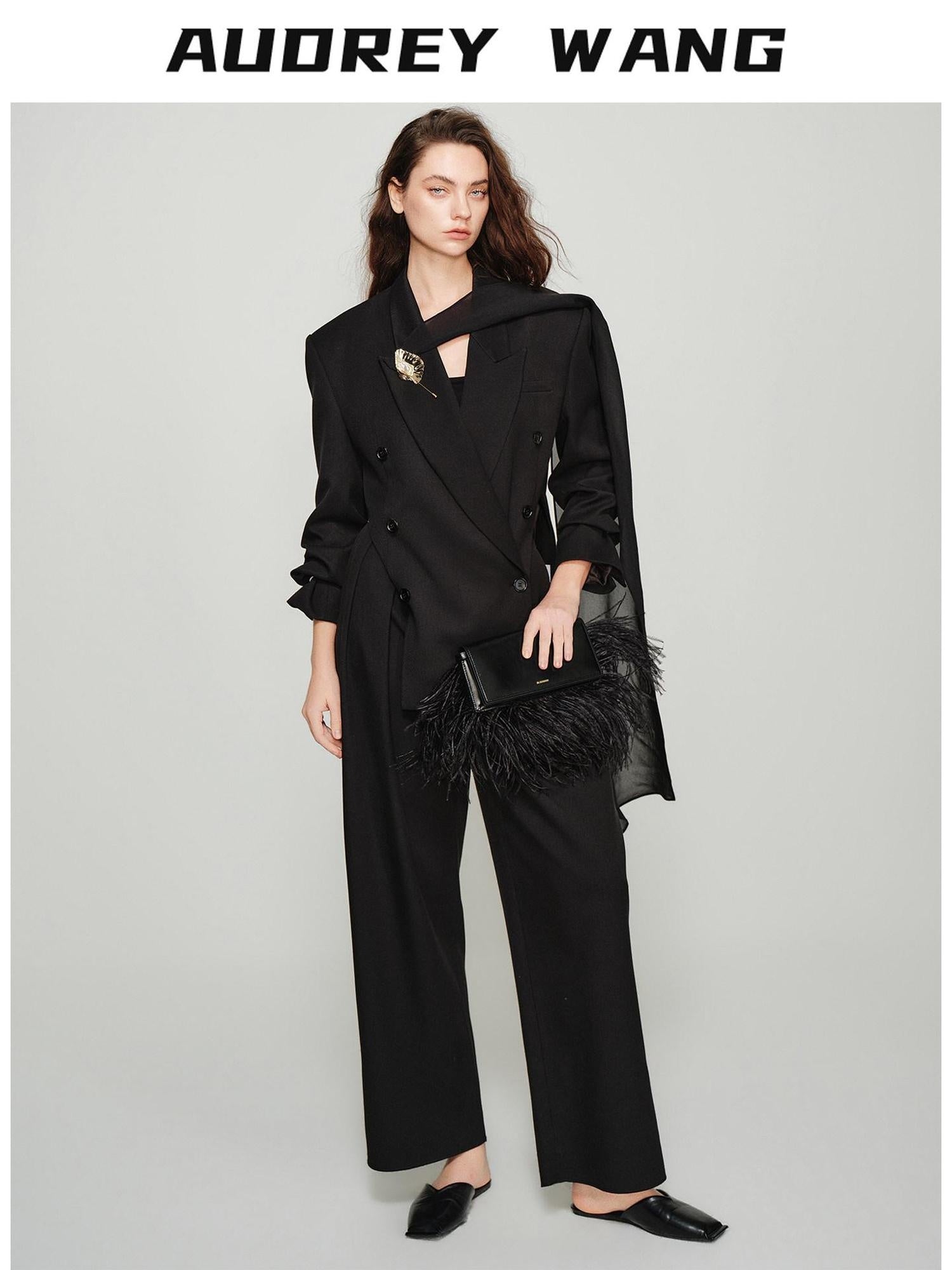 audreyyang Elegant Loose Fit Sash Double Breasted Notch Lapel Black Polyester Blazers
