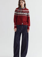fano Warm Sheep Wool Jacquard Loose Korean Commuter Crewneck Red Women Cardigans