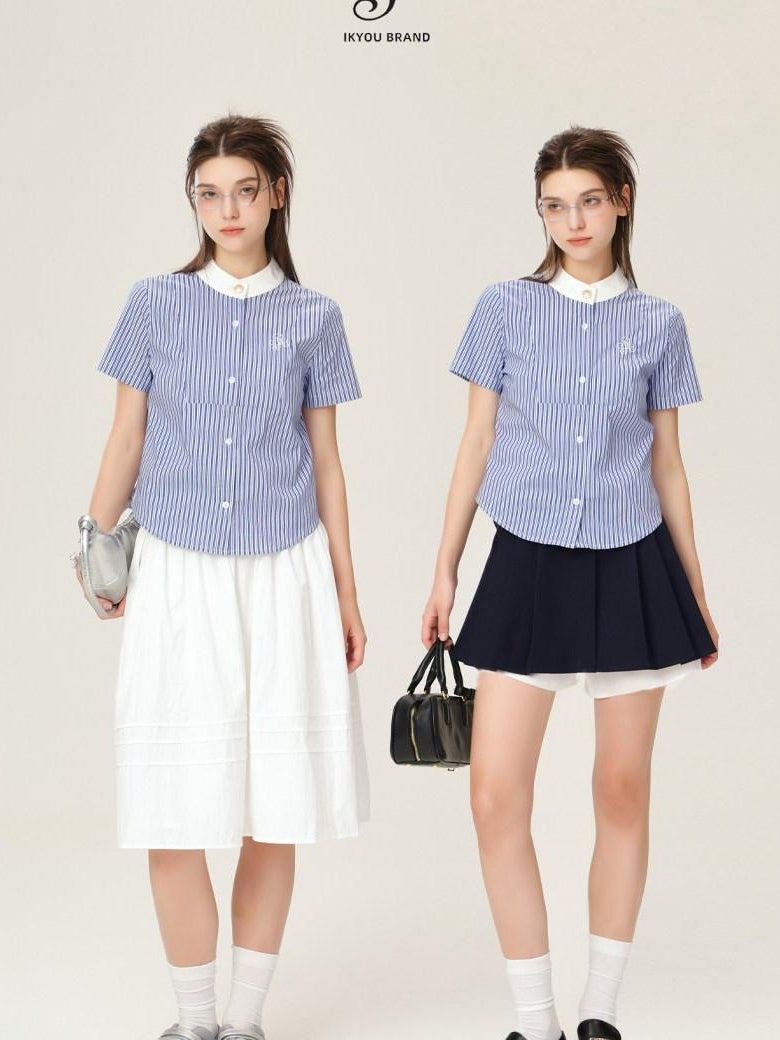 ikyou Embroidered Patchwork Straight Fit Stand Collar Short Sleeve Blue Button Blouses