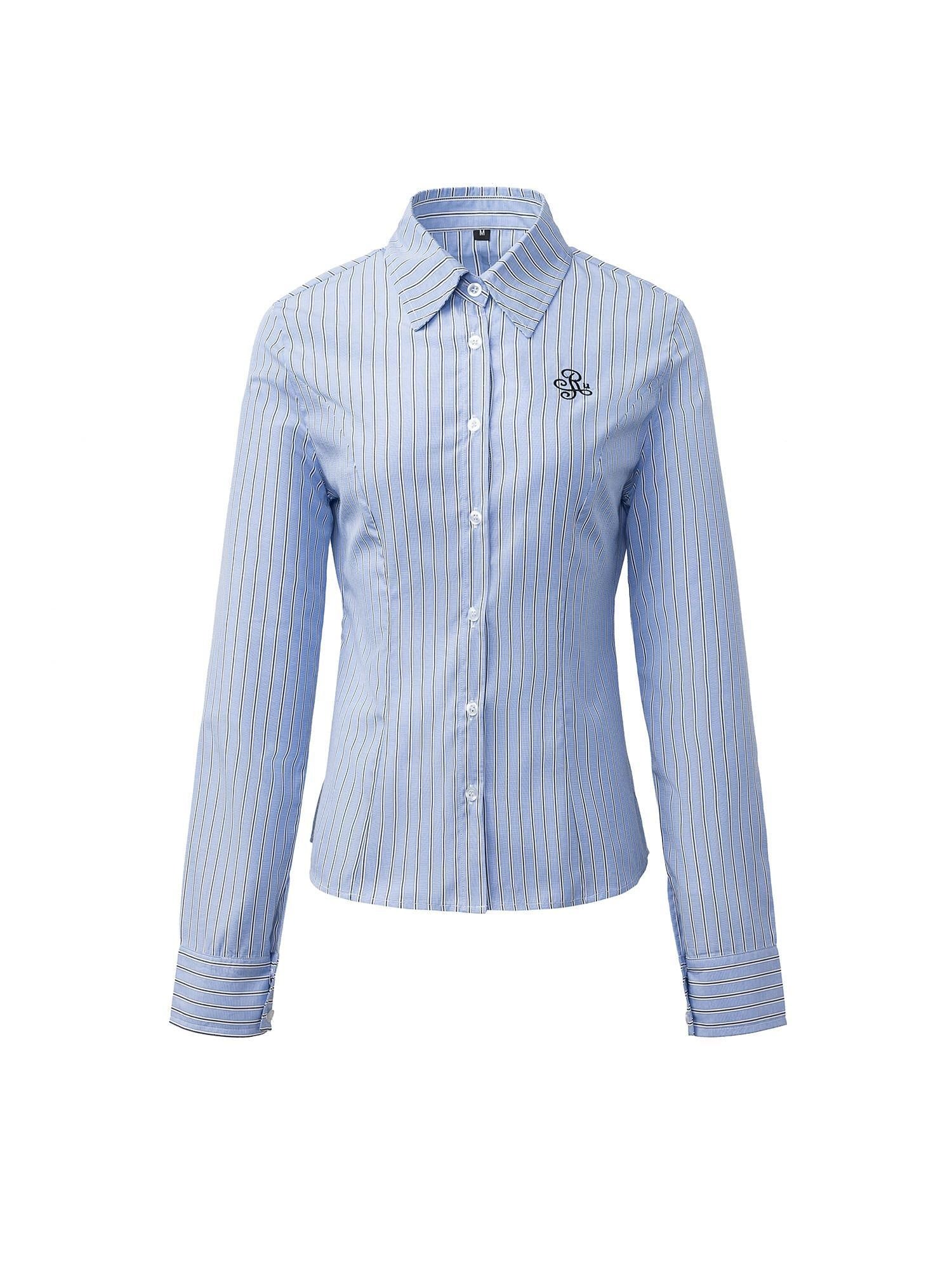 ikyou Embroidered Slim Commuter Square Neck Striped Long Sleeve Cotton Blend Shirts