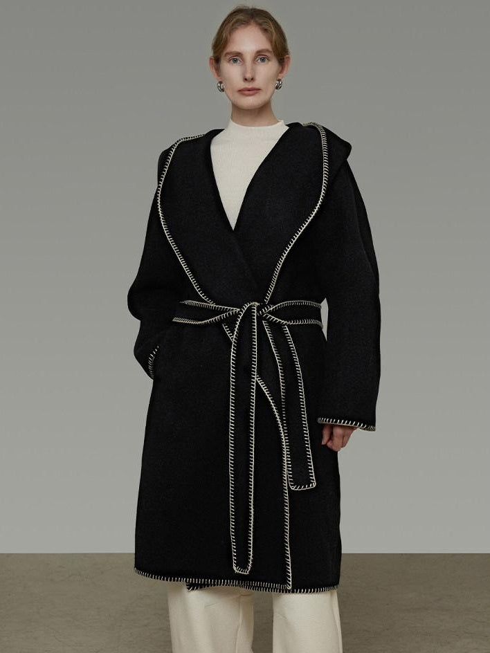 unspoken Cozy Minimalist Commuter Loose Hooded Midlength Women Black Tie Wool Coats