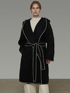 unspoken Cozy Minimalist Commuter Loose Hooded Midlength Women Black Tie Wool Coats