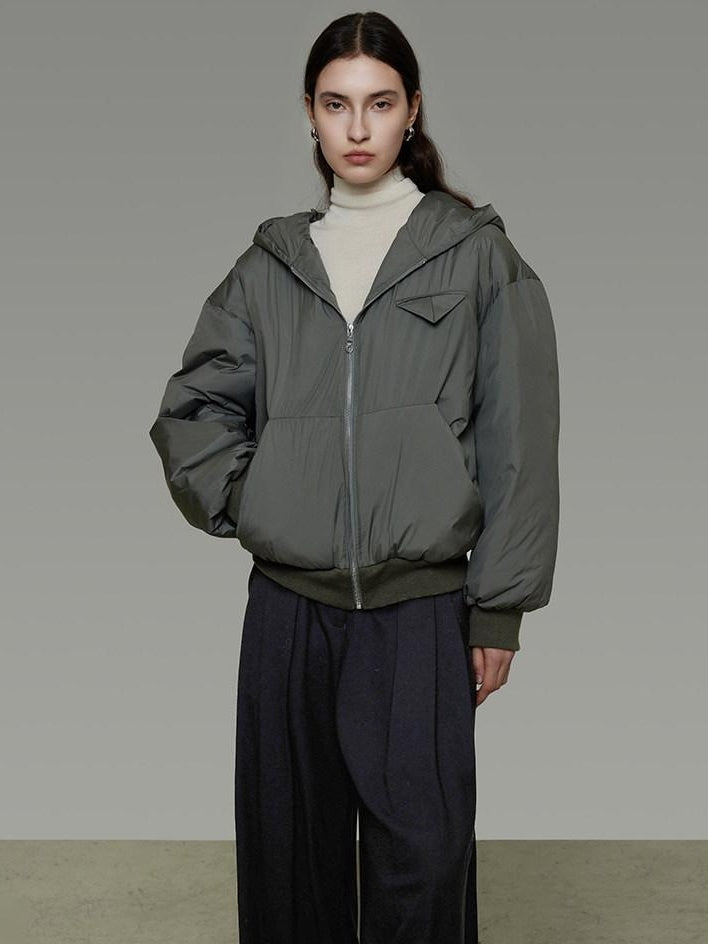 unspoken 90 White Duck Down Warm Loose Hooded Commuter Women Deep Gray Green Down Jackets