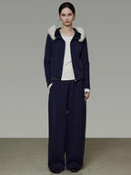 unspoken Warm Slim Fit Zip Hooded Cardigan High Waist Commuter Polyester Navy Lounge Sets