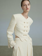 unspoken Original Design Double Breasted Cream Straight Fit Long Sleeve Top & Skirt Sets