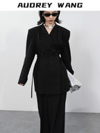 audreyyang Pleated Structured Loose Fit Double Breasted Mid Length Women Office Blazers