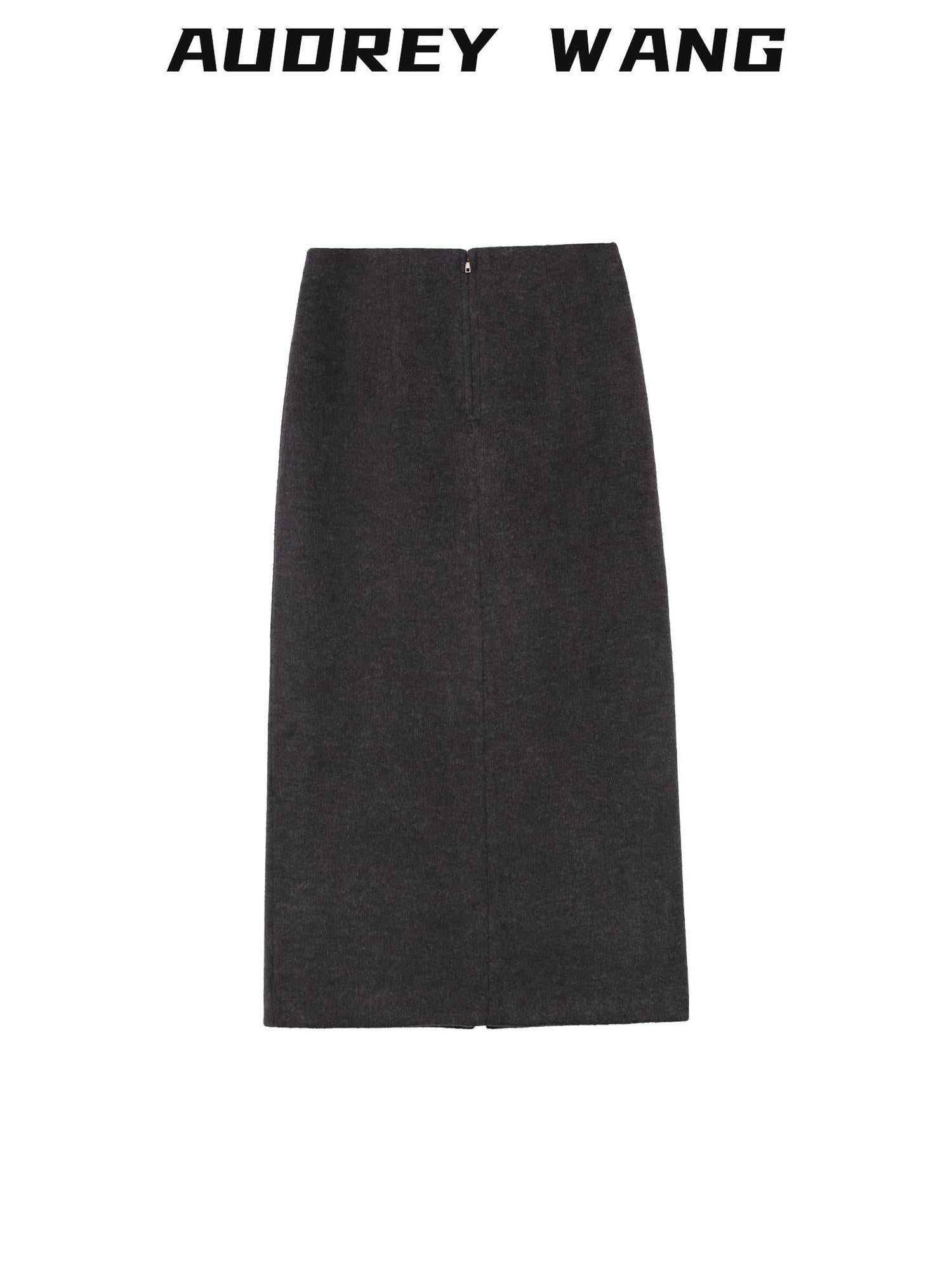 audreyyang Wool Blend Straight Cut Side Slit Mid Waist Women Gray Standard Fit Maxi Skirts