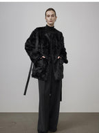 unspoken Faux Fur Lined Minimal Oversized Womens Black Round Neck Long Sleeve Short Coat
