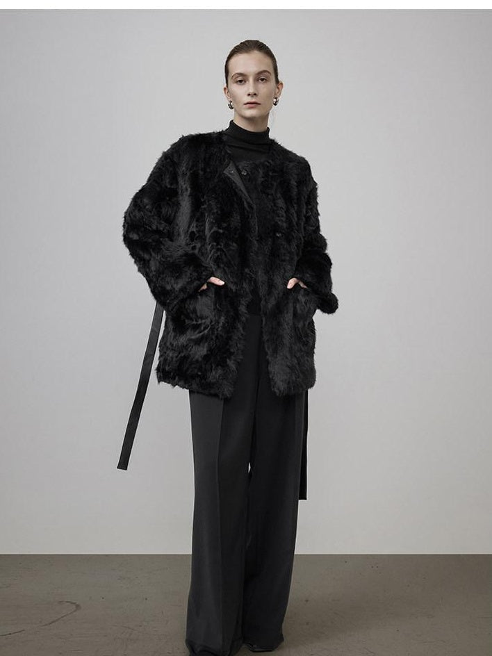 unspoken Faux Fur Lined Minimal Oversized Womens Black Round Neck Long Sleeve Short Coat
