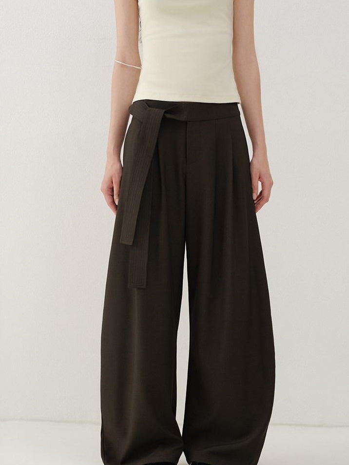 someonesometimes Minimalist Work Natural Waist Button Tea Brown Stretch Wide Leg Pants