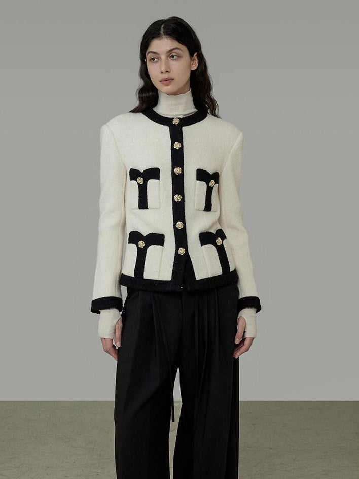 unspoken Black White Colorblock Office Loose Cropped Round Neck Buttoned Knit Cardigans