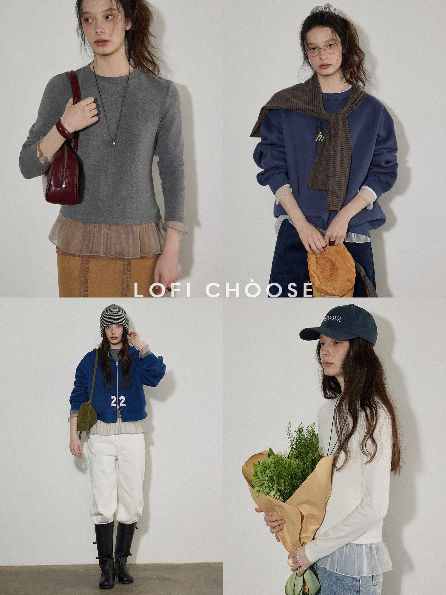 Lofi choose Patchwork Loose Fit Office Crew Neck Women Dark Gray White Long Sleeve T-Shirts