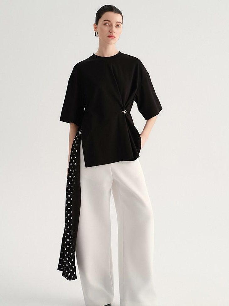 audreyyang Smart Office Natural Waist Zip Fly Polyester Blend Black White Straight Pants
