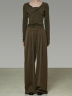 unspoken High Waist Breathable Tailored Loose Solid Brown Green Women Wide Leg Pants