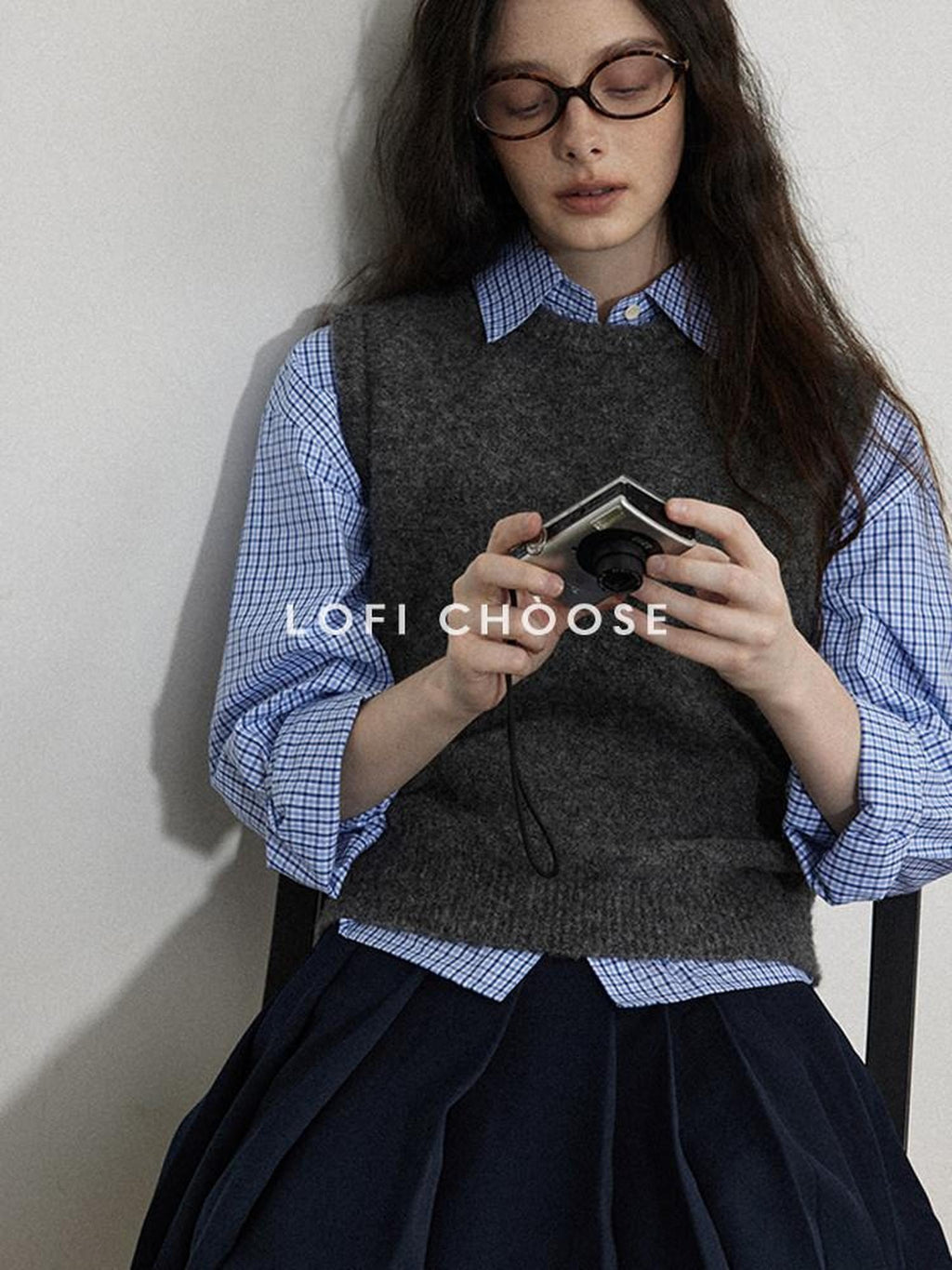 Lofi choose Soft Crewneck Knit Vest Commuter Office Wear Solid Dark Gray Sweaters