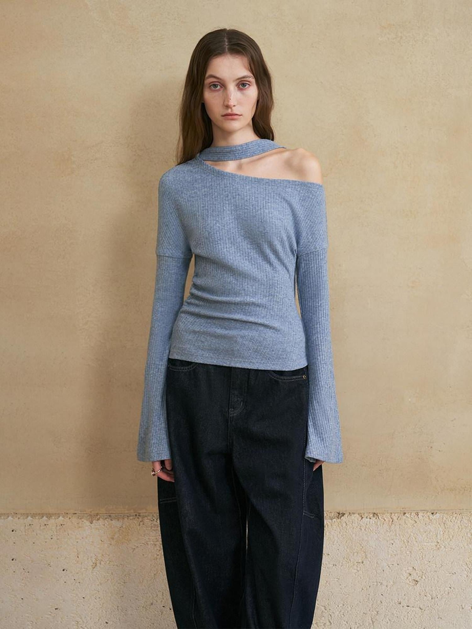 someonesometimes Viscose Blend Casual Slim Asymmetric Neck Knit Long Sleeve Sky Blue Sweaters