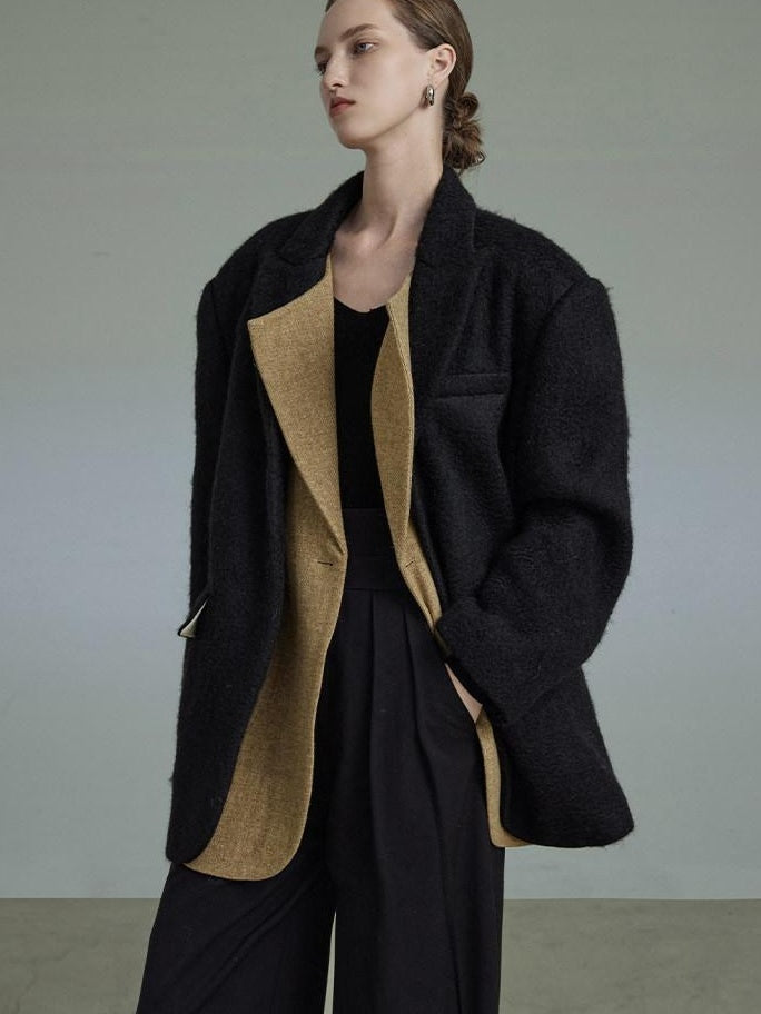 unspoken Original Thick Loose Fit Single Breasted Commuter Women Mustard Black Blazers