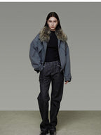 unspoken Deep Gray Cotton Zip Fur Collar Relaxed Commuter Insulated Puffer Jackets