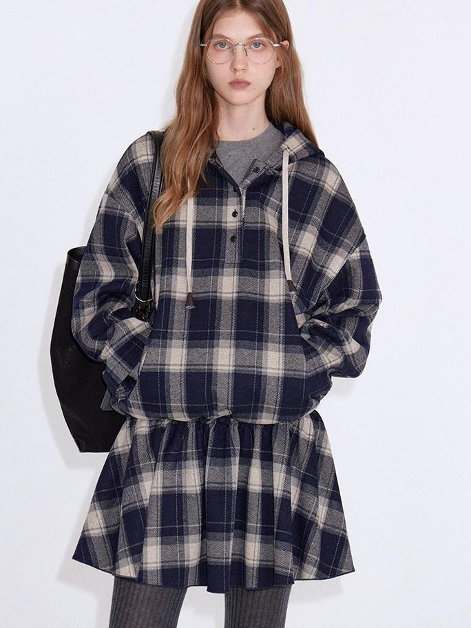 fano Soft Stretch Polyester Blend Cozy Relaxed Fit Plaid Pullover Women Hoodie