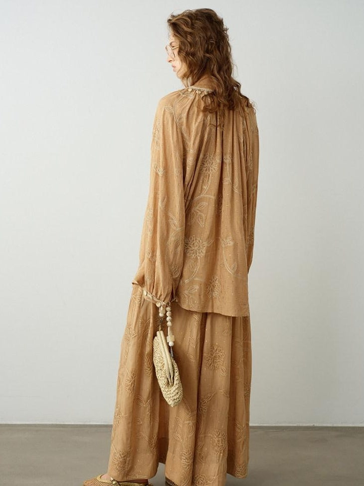 audreyyang Breathable Pure Cotton Floral Natural Waist Relaxed Women Khaki Wide Leg Pants