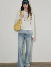 Lofi choose High Rise Vintage Wash Office Straight Detail Women Blue Flared Jeans