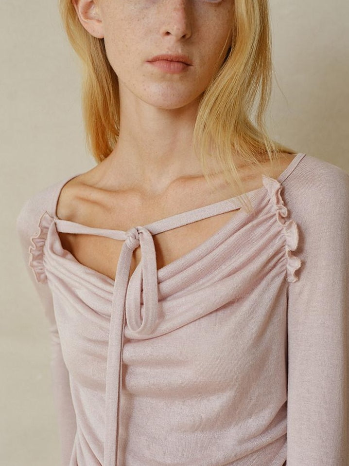 someonesometimes Lyocell Blend Slim Ruched Bell Sleeve Mauve Drape Neck Long Sleeve T-Shirts