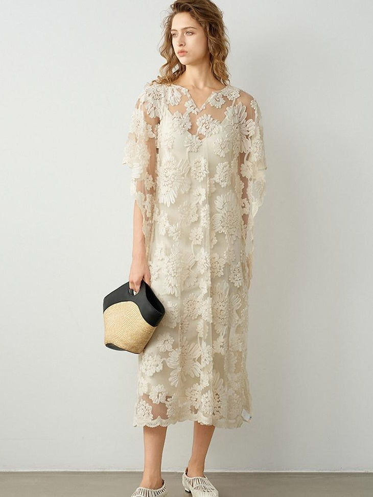 audreyyang Comfortable Polyester Insta Loose Fit V-neck Short Sleeve A Line Maxi Dresses