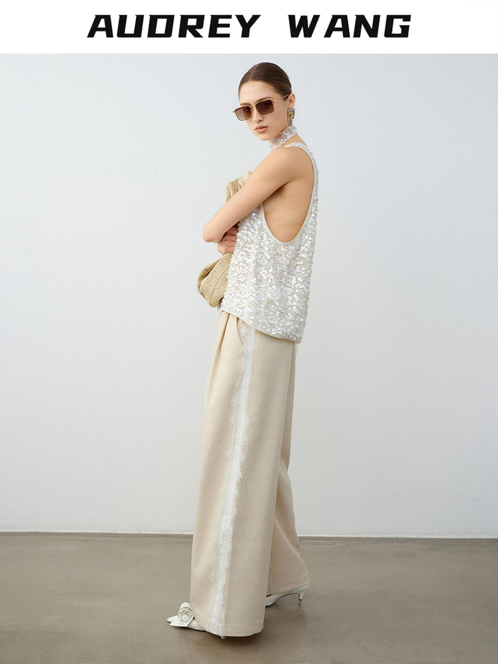audreyyang Elegant Lace Natural Waist Office Loose Womens White Linen Blend Wide Leg Pants