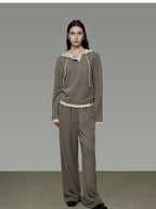 unspoken Colorblock Hooded Loose Two Piece High Waist Pants Women Casual Lounge Sets