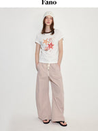 fano Pink Cotton Blend Drawstring Natural Waist Loose Korean Office Wide Leg Pants