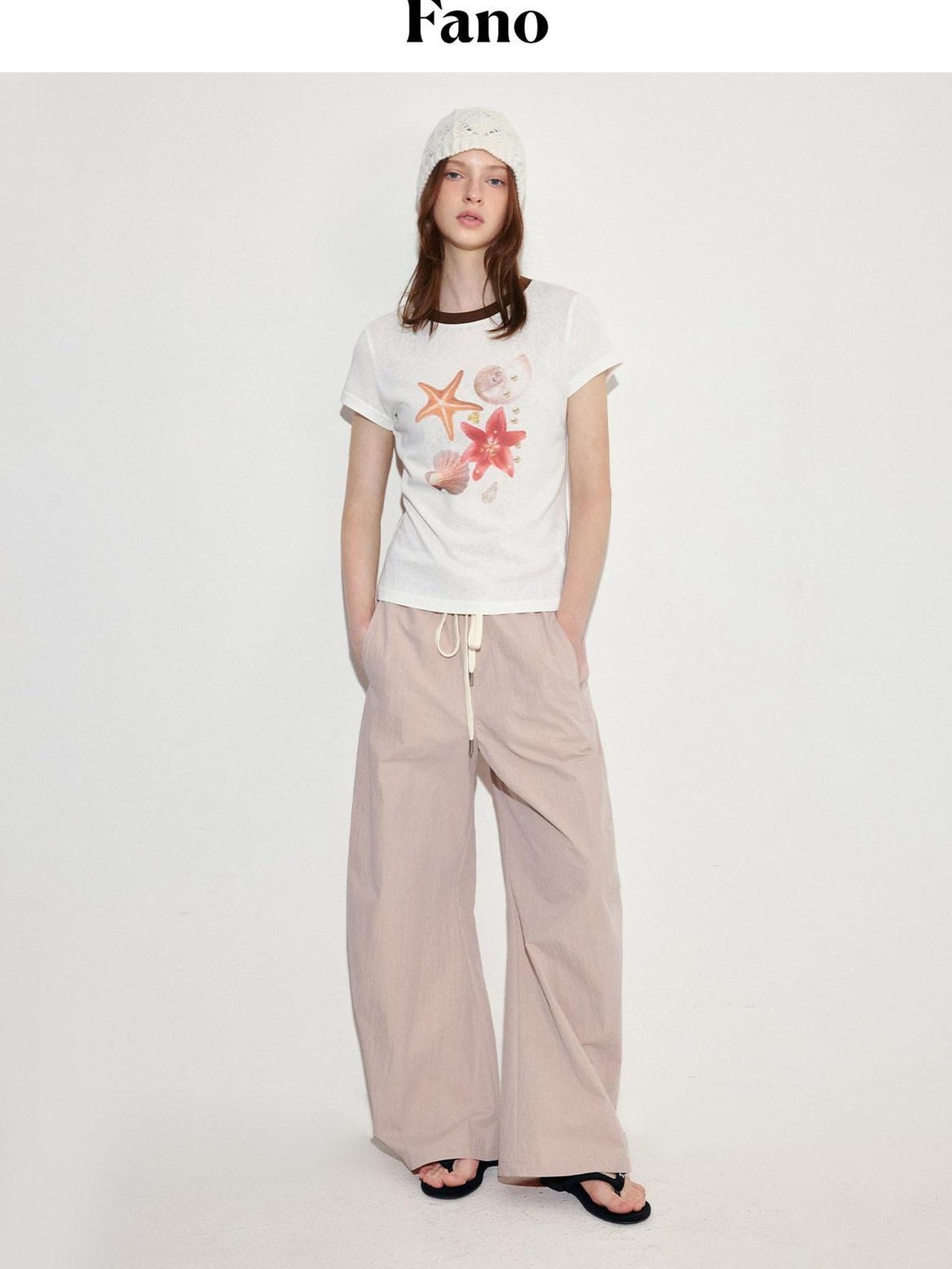 fano Pink Cotton Blend Drawstring Natural Waist Loose Korean Office Wide Leg Pants