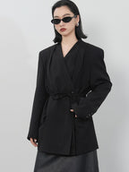 audreyyang Pleated Double Breasted Oversized V-neck Mid Length Women Workwear Blazers