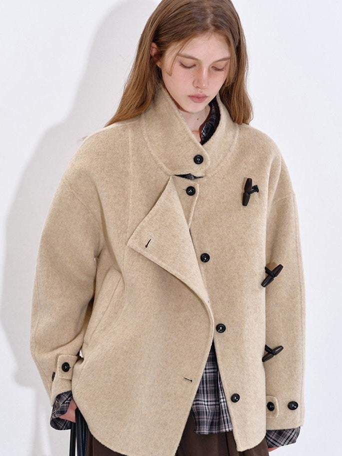 fano Wool Blend Korean Commuter Relaxed Fit Notched Collar Light Grey Short Coat