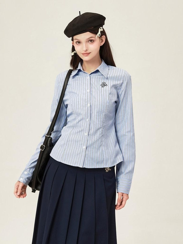 ikyou Embroidered Slim Commuter Square Neck Striped Long Sleeve Cotton Blend Shirts