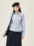 ikyou Embroidered Slim Commuter Square Neck Striped Long Sleeve Cotton Blend Shirts