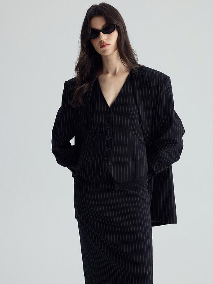 audreyyang Original Design Relaxed Fit Double Breasted Women Black Polyester Blazers
