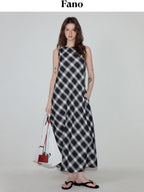 fano Plaid Korean Workwear A Line Asymmetric Sleeveless Round Neck Women Maxi Dresses