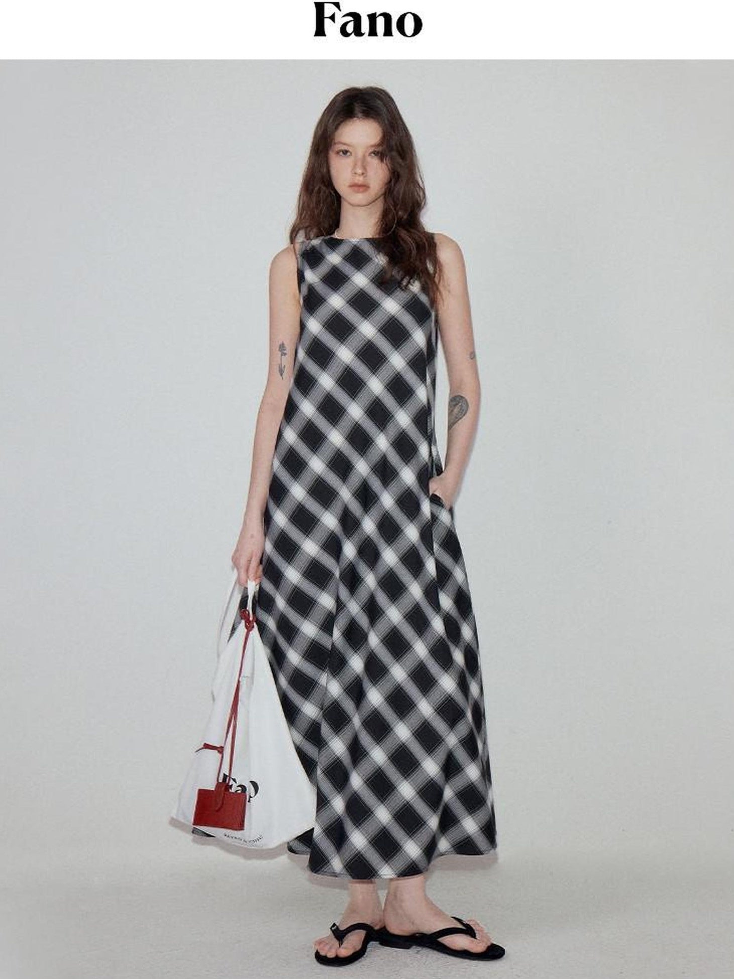 fano Plaid Korean Workwear A Line Asymmetric Sleeveless Round Neck Women Maxi Dresses