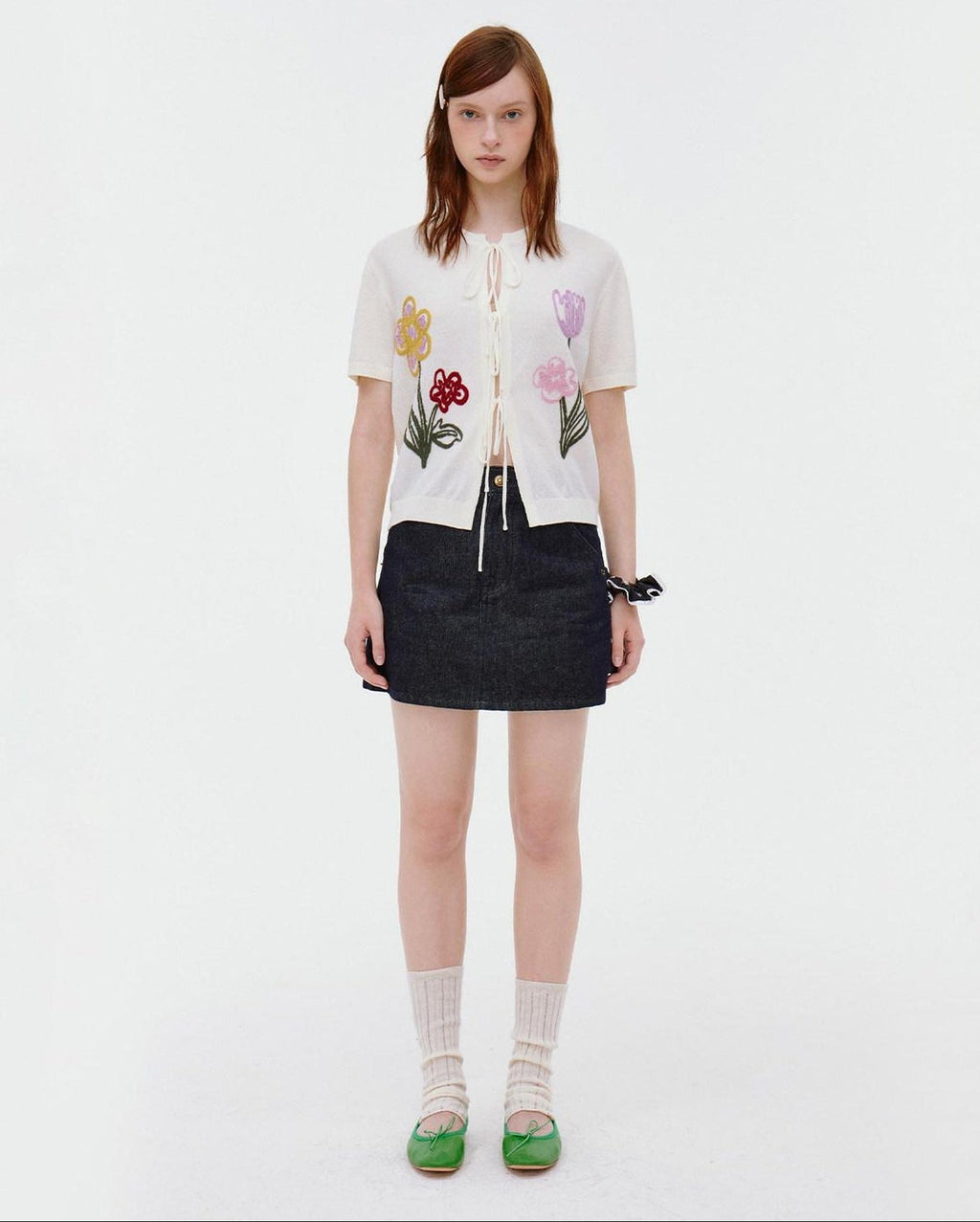fano V-neck Tie Front Floral Short Sleeve Korean Loose Fit Women Beige Cardigans