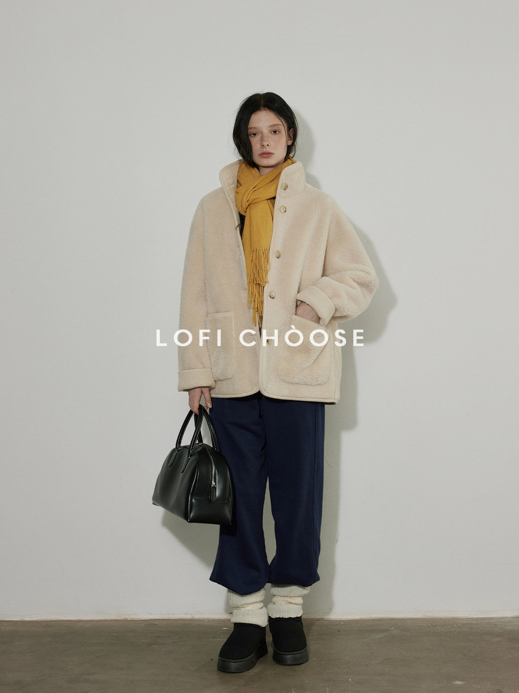 Lofi choose Thick Fleece Lined Warm Loose Fit Commuter Coat For Women Ivory Long Coats