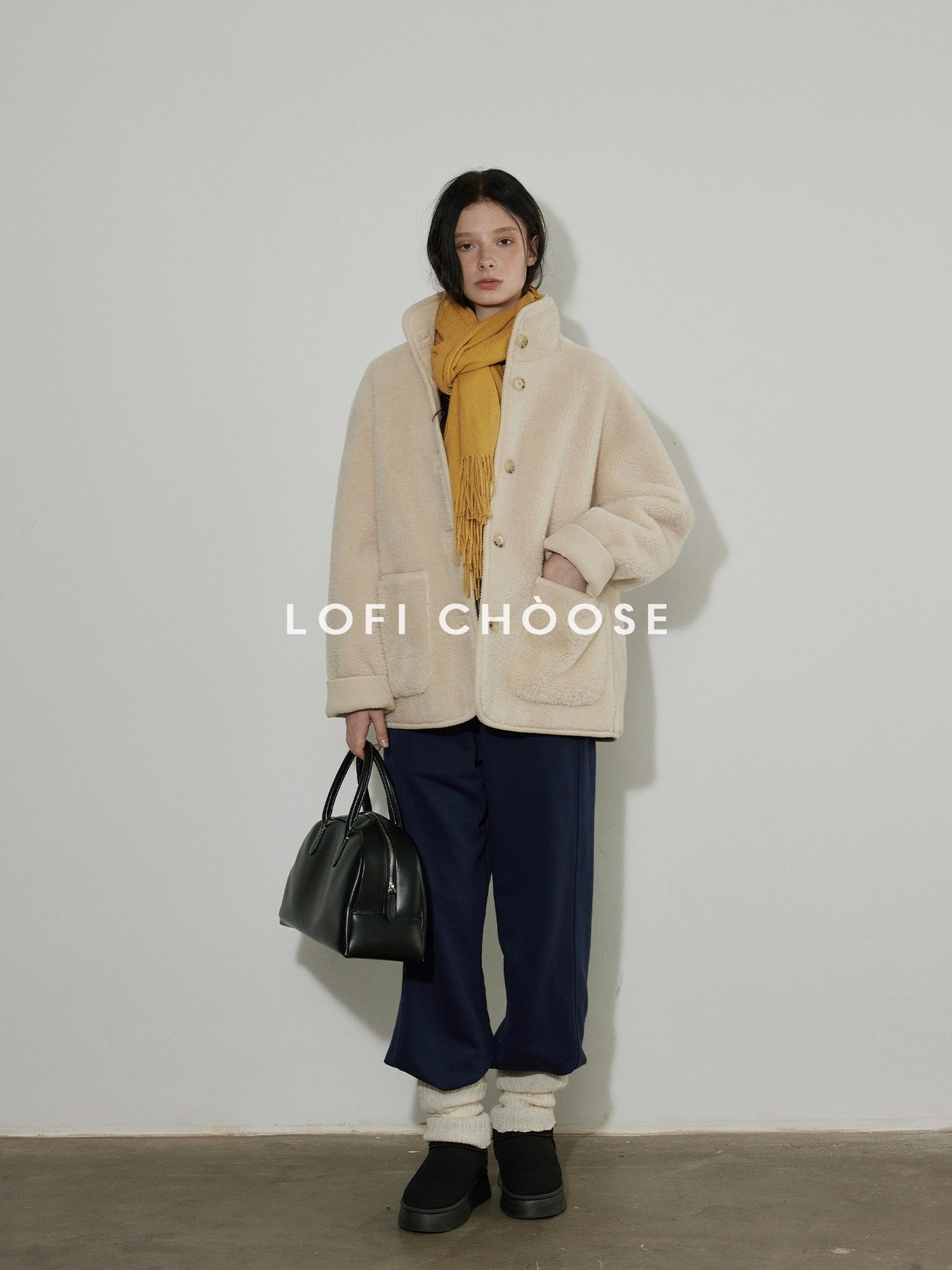 Lofi choose Thick Fleece Lined Warm Loose Fit Commuter Coat For Women Ivory Long Coats