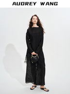 audreyyang Soft Viscose Blend Natural Waist Casual Flowy Women Black White Wide Leg Pants