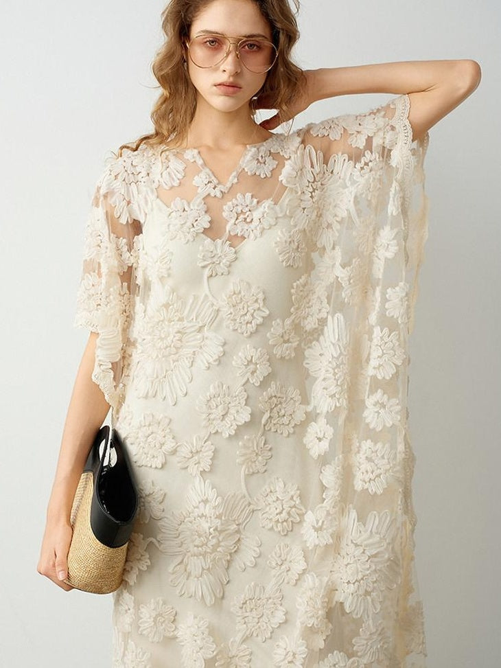 audreyyang Comfortable Polyester Insta Loose Fit V-neck Short Sleeve A Line Maxi Dresses
